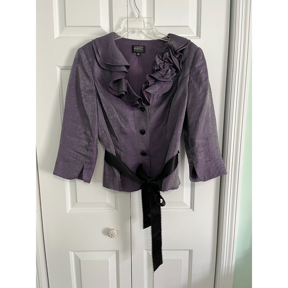 Adrianna Papell Evening Jacket Size 12 Ruffled Neckline‎ Purple Shimmery Ribbon